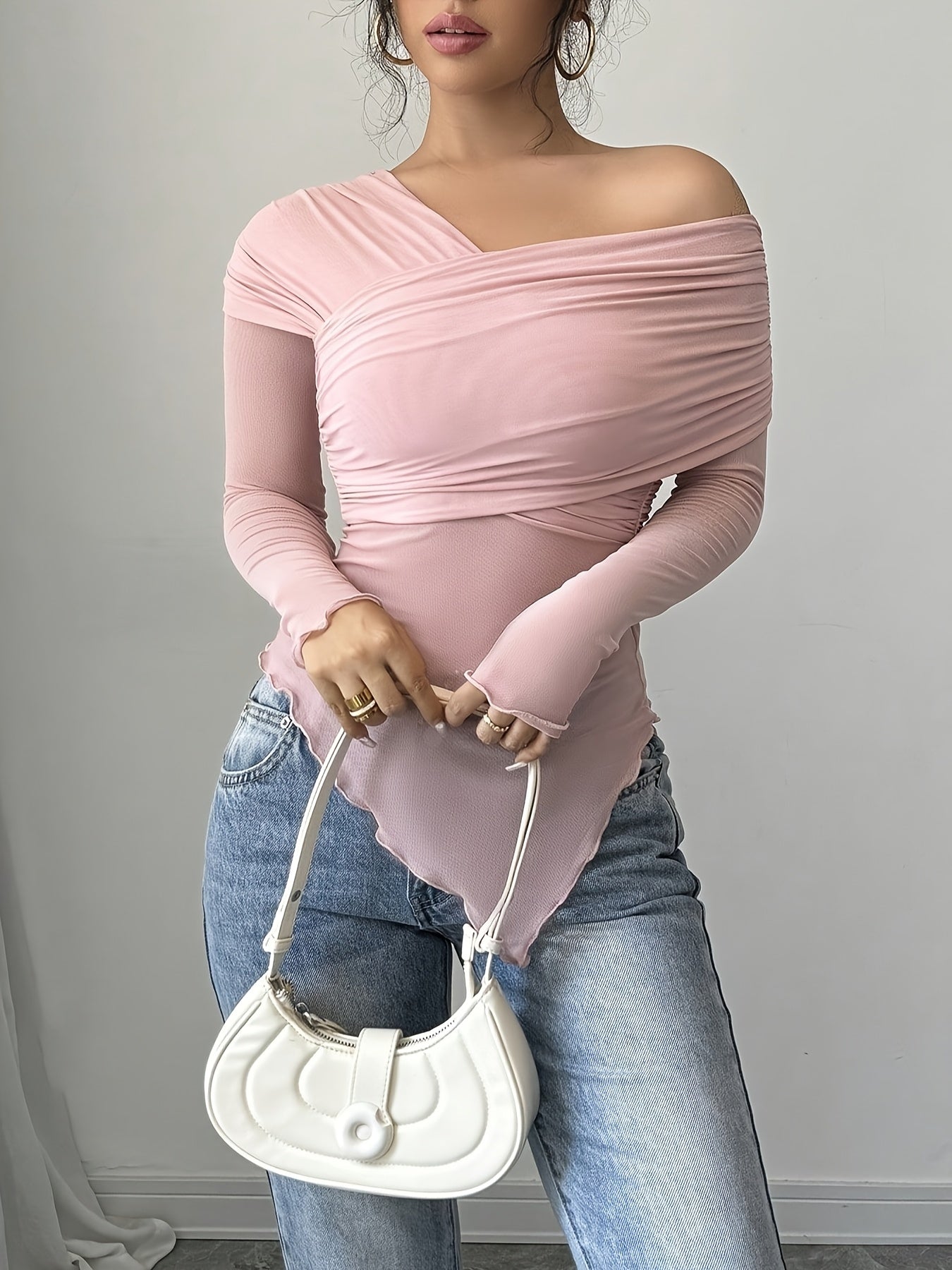 Long Sleeve Polyester Blend Off the Shoulder Asymmetrical Hem T-Shirt - Medium Stretch Knit Fabric, Solid Color, for Spring/Summer/Fall voguable