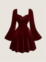 Velvet Elegant V-Neck Long Sleeve Dress - Pleated with Lace Detail, Perfect for Fall/Winter Parties & Banquets voguable