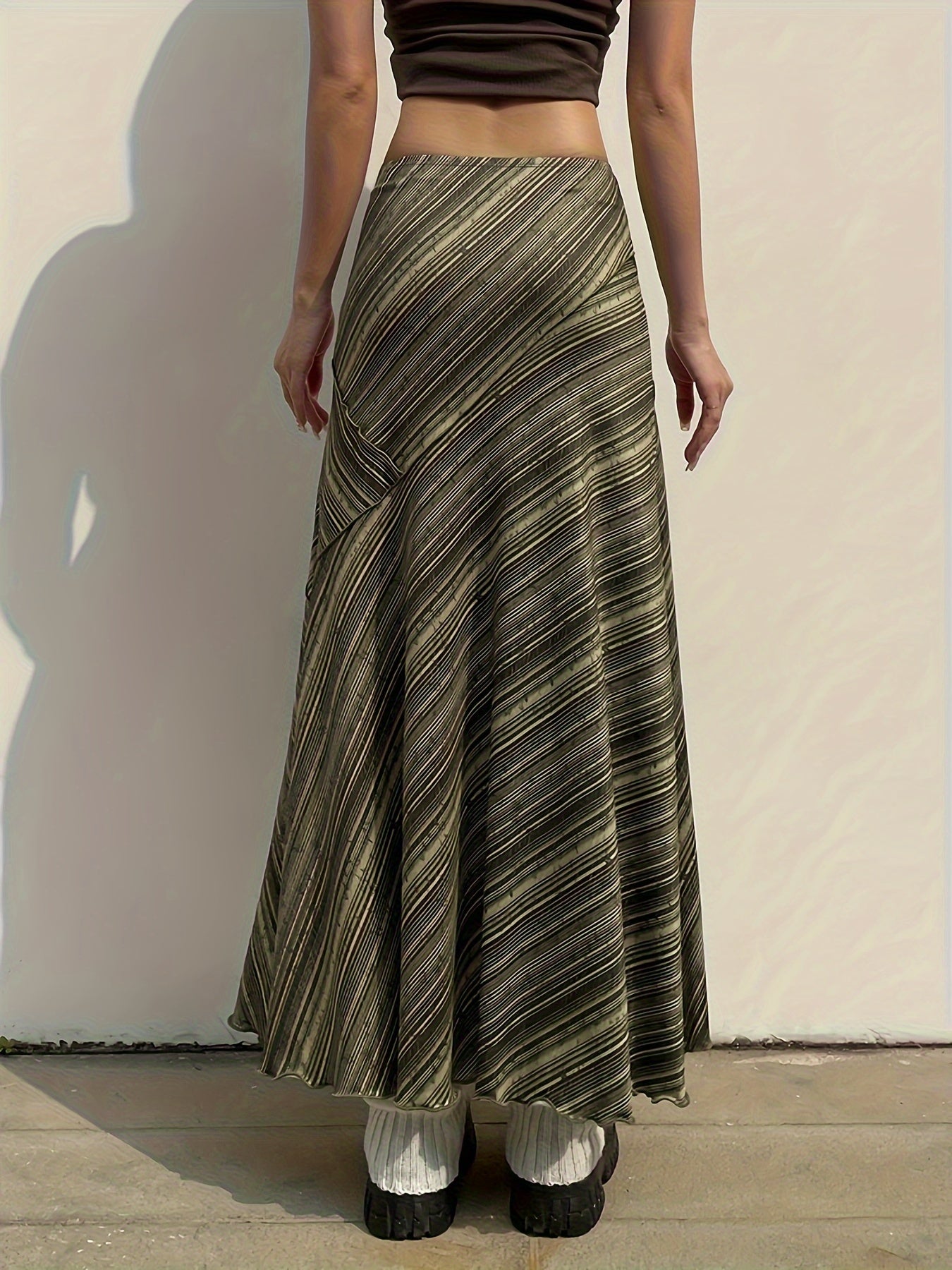 Striped Lace Stitching Skirt, Y2K Ruffle Hem Maxi Skirt, Women's Clothing voguable