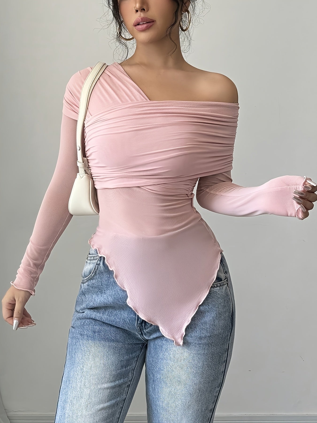 Long Sleeve Polyester Blend Off the Shoulder Asymmetrical Hem T-Shirt - Medium Stretch Knit Fabric, Solid Color, for Spring/Summer/Fall voguable