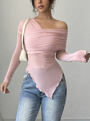 Long Sleeve Polyester Blend Off the Shoulder Asymmetrical Hem T-Shirt - Medium Stretch Knit Fabric, Solid Color, for Spring/Summer/Fall voguable