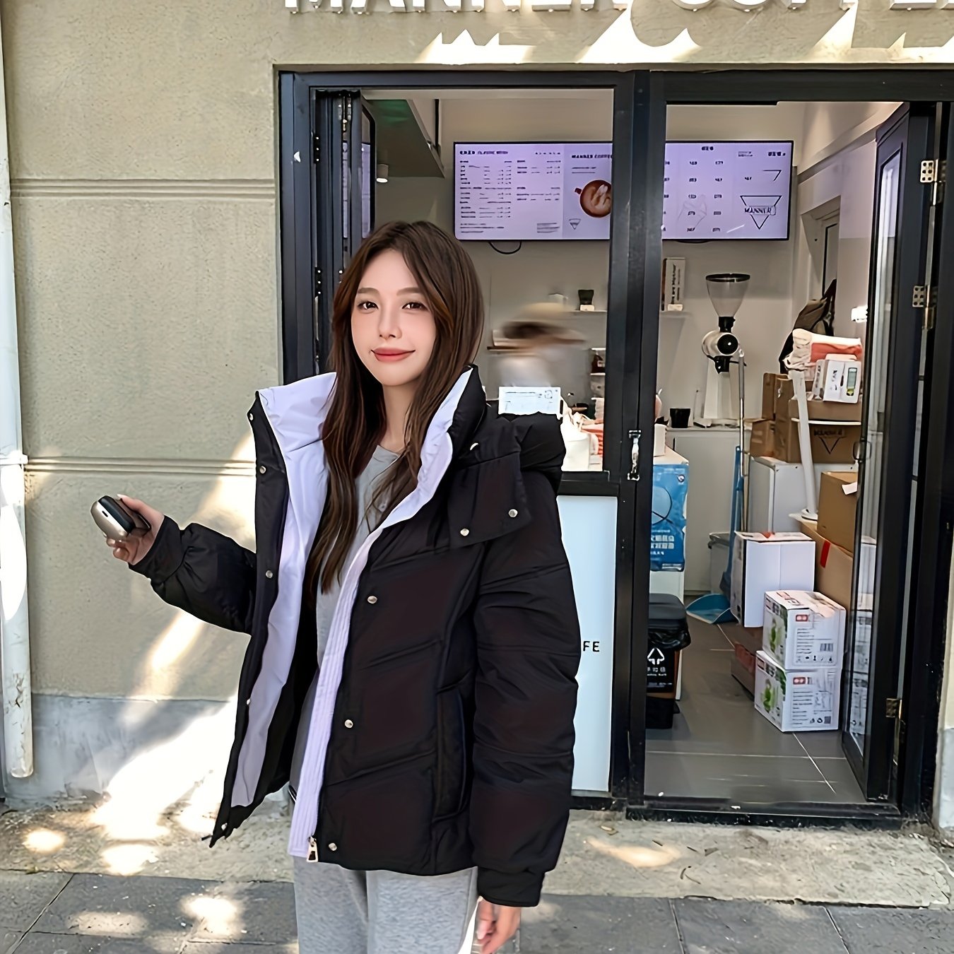 1pc Korean-Style Short Puffer Jacket, 100% Polyester Solid Color, Long Sleeve Regular Length, Woven Fabric, No Belt, Waterproof-Resistant voguable