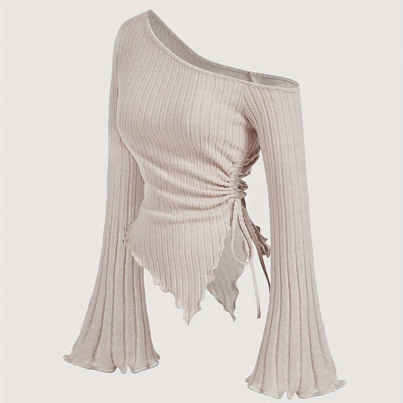 Elegant Asymmetrical Hem Flare Sleeve Off-Shoulder T-Shirt, Polyester Knit Fabric with Elastane, Solid Color, Long Batwing Sleeves, Skinny Fit, Medium Stretch, for All Seasons voguable