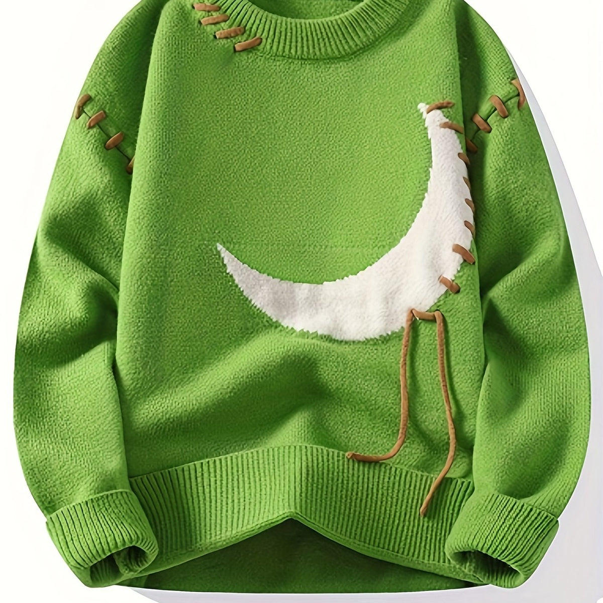 Cozy Acrylic Blend Crescent Moon Sweater - Men's Trendy Distressed Long Sleeve Pullover - Versatile & Warm for Fall/Winter, Plus Size voguable
