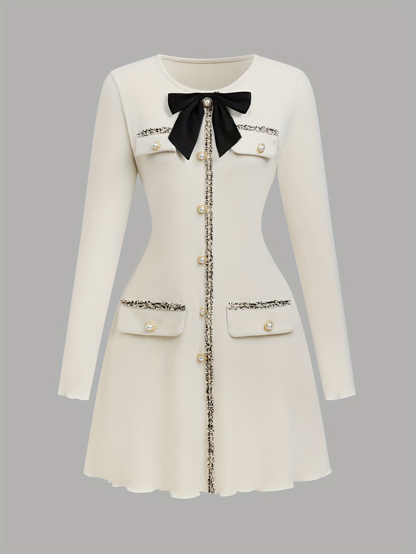 Elegant Long Sleeve A-line Dress - Button Front Bow Decor, Spring & Fall, Women's Clothing voguable