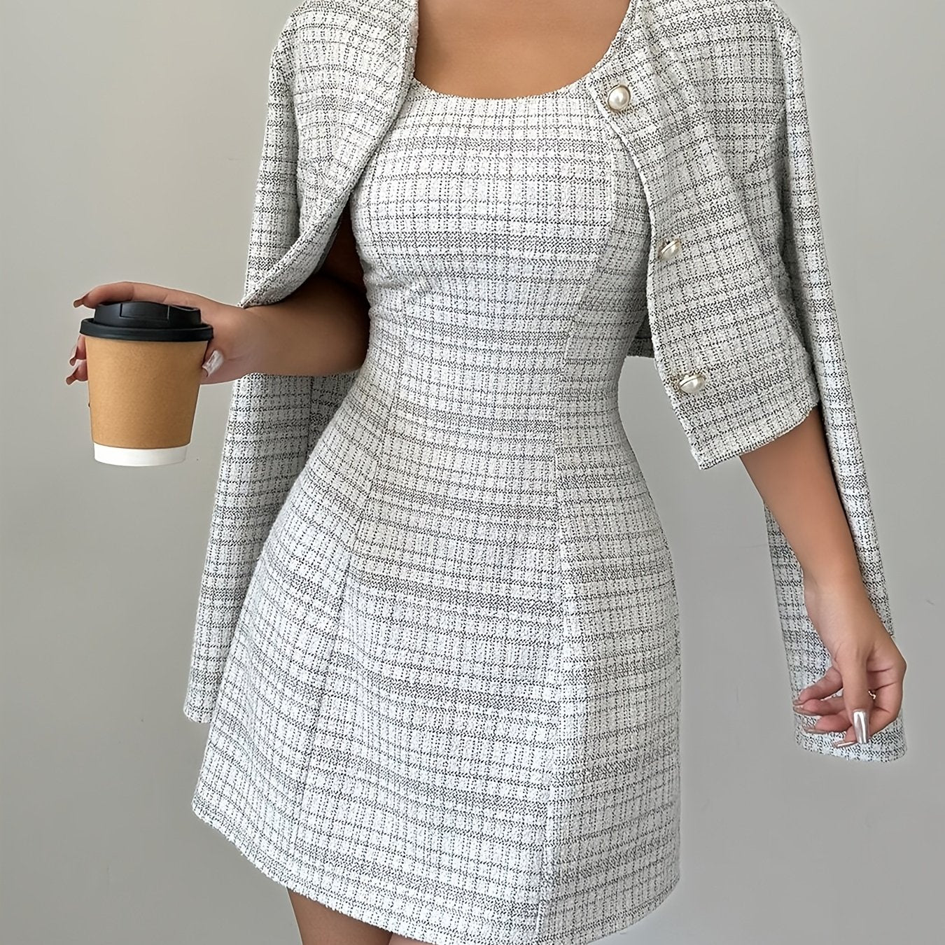 [Two Piece A-Line Dress Suit] Elegant Plaid Dress Suit for Women - Polyester Two Piece Set with A-Line Mini Dress and Buttoned Jacket, Crew Neck, Woven - All Season Fashion voguable