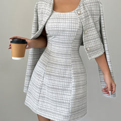 [Two Piece A-Line Dress Suit] Elegant Plaid Dress Suit for Women - Polyester Two Piece Set with A-Line Mini Dress and Buttoned Jacket, Crew Neck, Woven - All Season Fashion voguable