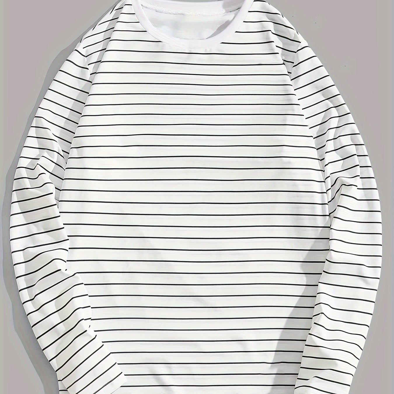 Men's Simple Black Striped Print Long Sleeve T-Shirt, Versatile for Spring/Autumn, Casual Round Neck, Polyester Fabric, Regular Fit, Adult Size gotmes-shop