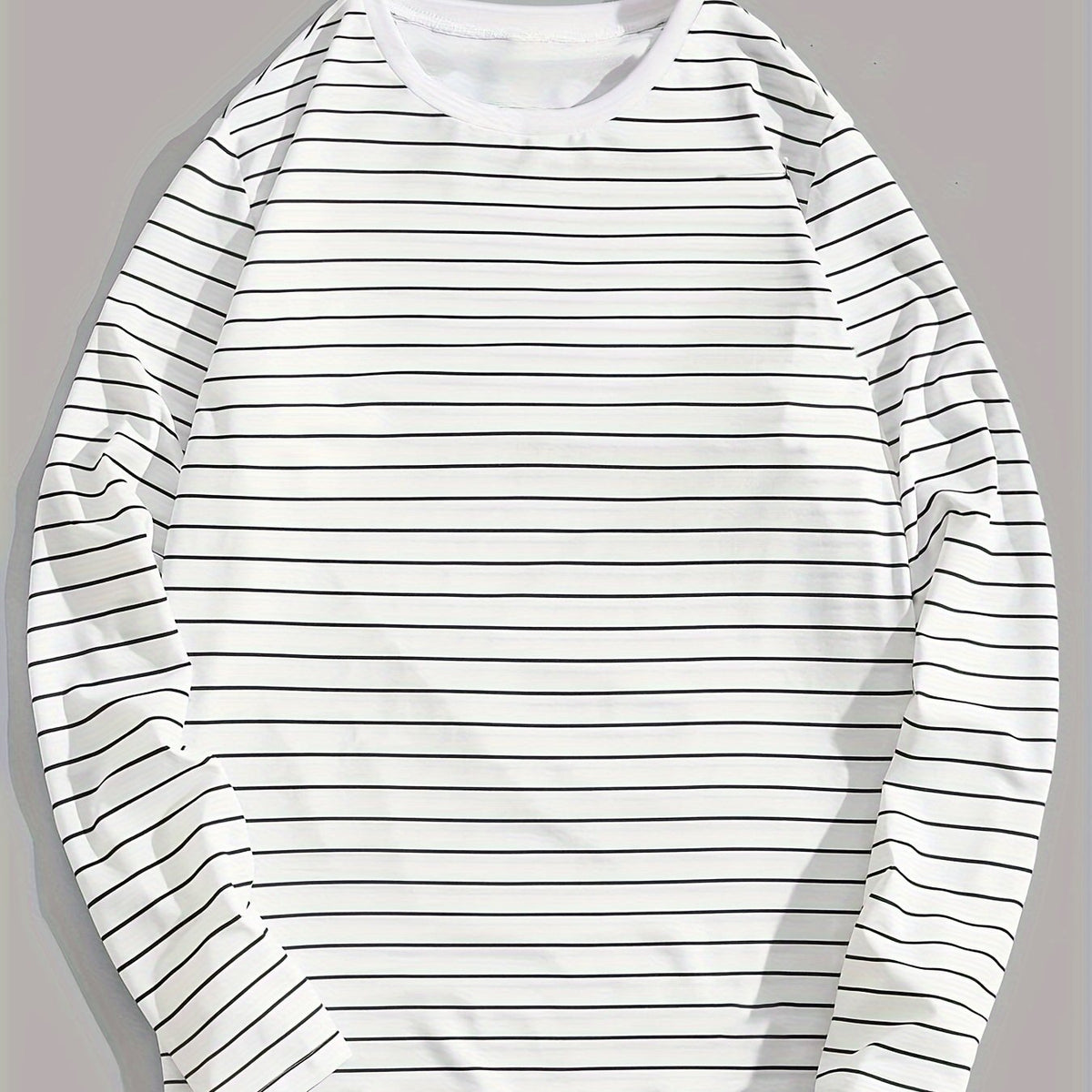 Men's Simple Black Striped Print Long Sleeve T-Shirt, Versatile for Spring/Autumn, Casual Round Neck, Polyester Fabric, Regular Fit, Adult Size gotmes-shop