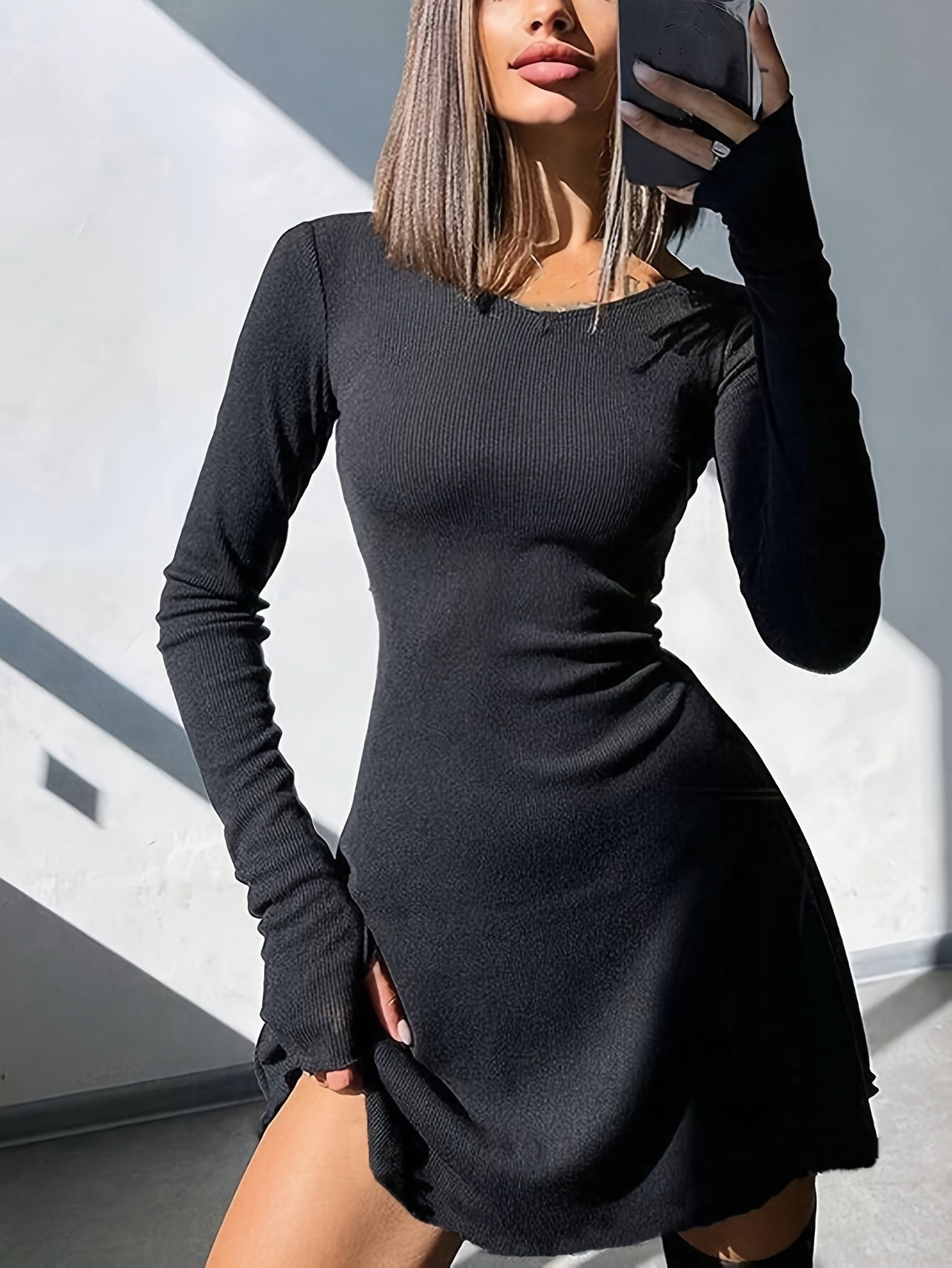 [High Stretch V-Neck Dress] Elegant Polyester Women's Dress With V-Neck, Adjustable Tie Back, High Stretch Fabric, Spring/Autumn Fashion voguable