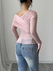 Long Sleeve Polyester Blend Off the Shoulder Asymmetrical Hem T-Shirt - Medium Stretch Knit Fabric, Solid Color, for Spring/Summer/Fall voguable