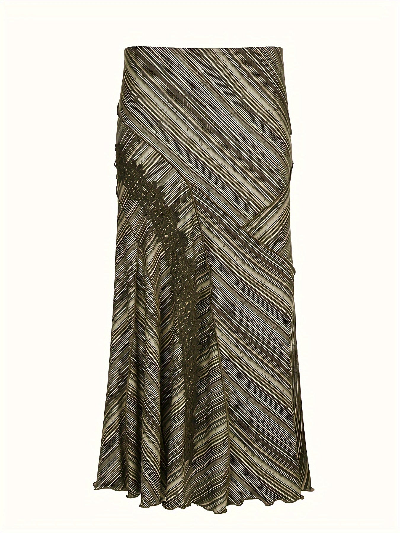 Striped Lace Stitching Skirt, Y2K Ruffle Hem Maxi Skirt, Women's Clothing voguable