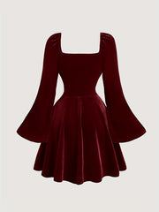 Velvet Elegant V-Neck Long Sleeve Dress - Pleated with Lace Detail, Perfect for Fall/Winter Parties & Banquets voguable