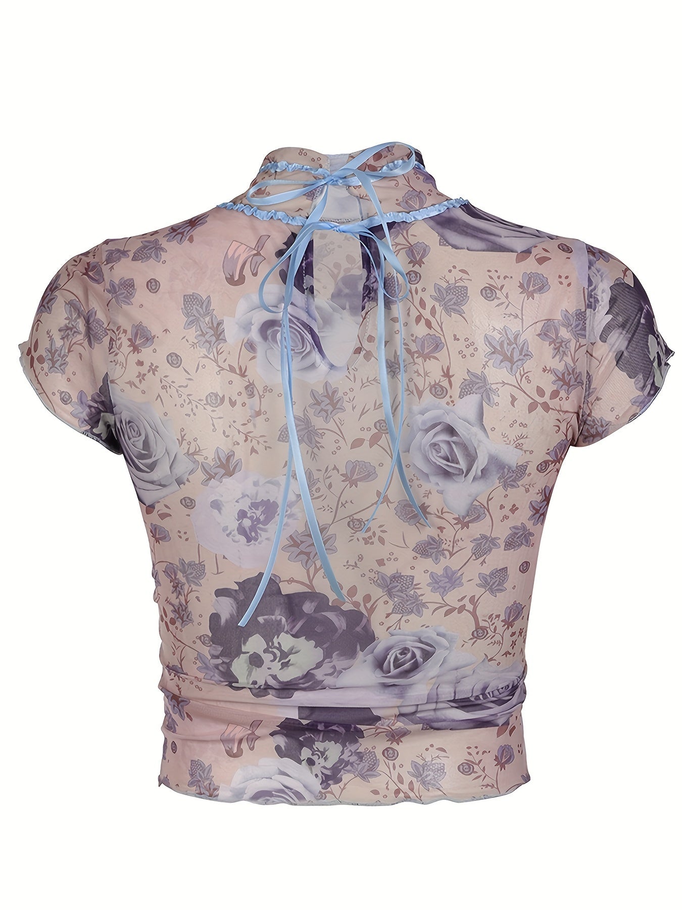 Rustic Retro Floral Mesh T-shirt Y2K Pleated Lace Contrast Color Weft Lanyard Bow Short Top French Style voguable