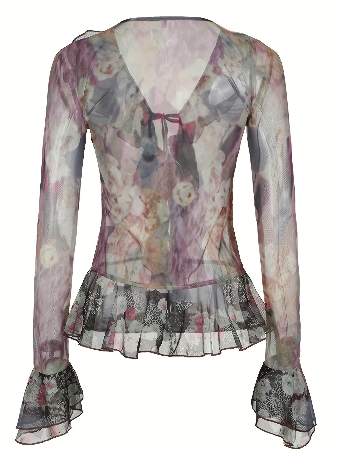 Vintage Printed Mesh T-Shirt with a Fairy-Like Trash Style, Featuring Ruffled Edges, Tie Straps, And Bell Sleeves in a Sheer Design. voguable