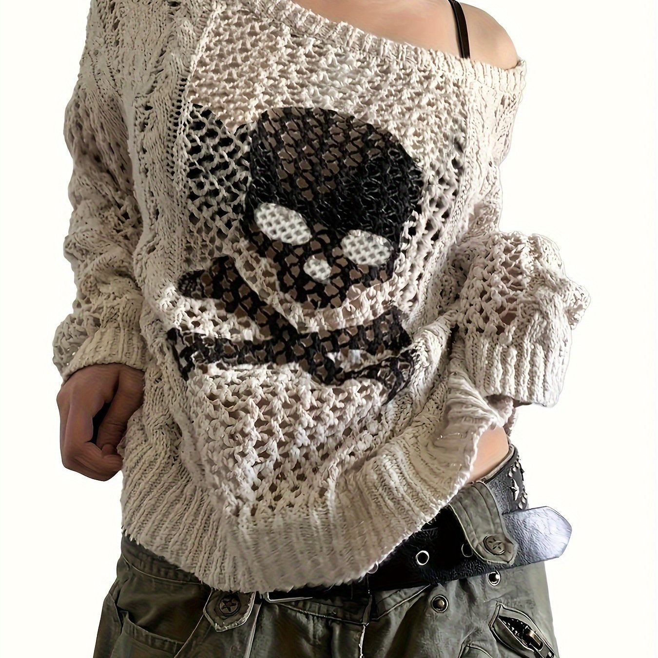 [Skull Pattern Boat Neck Sweater] Skull Pattern Boat Neck Sweater, Casual Eyelet Long Sleeve Sweater For Spring & Fall, Women's Clothing voguable