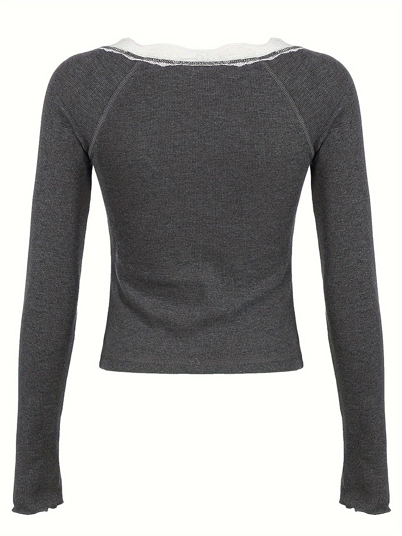Y2K-Inspired Vintage Lace Trim Colorblock T-Shirt - Stretchy, Long Sleeve, V-Neck Top for Women - Perfect for Spring & Fall voguable