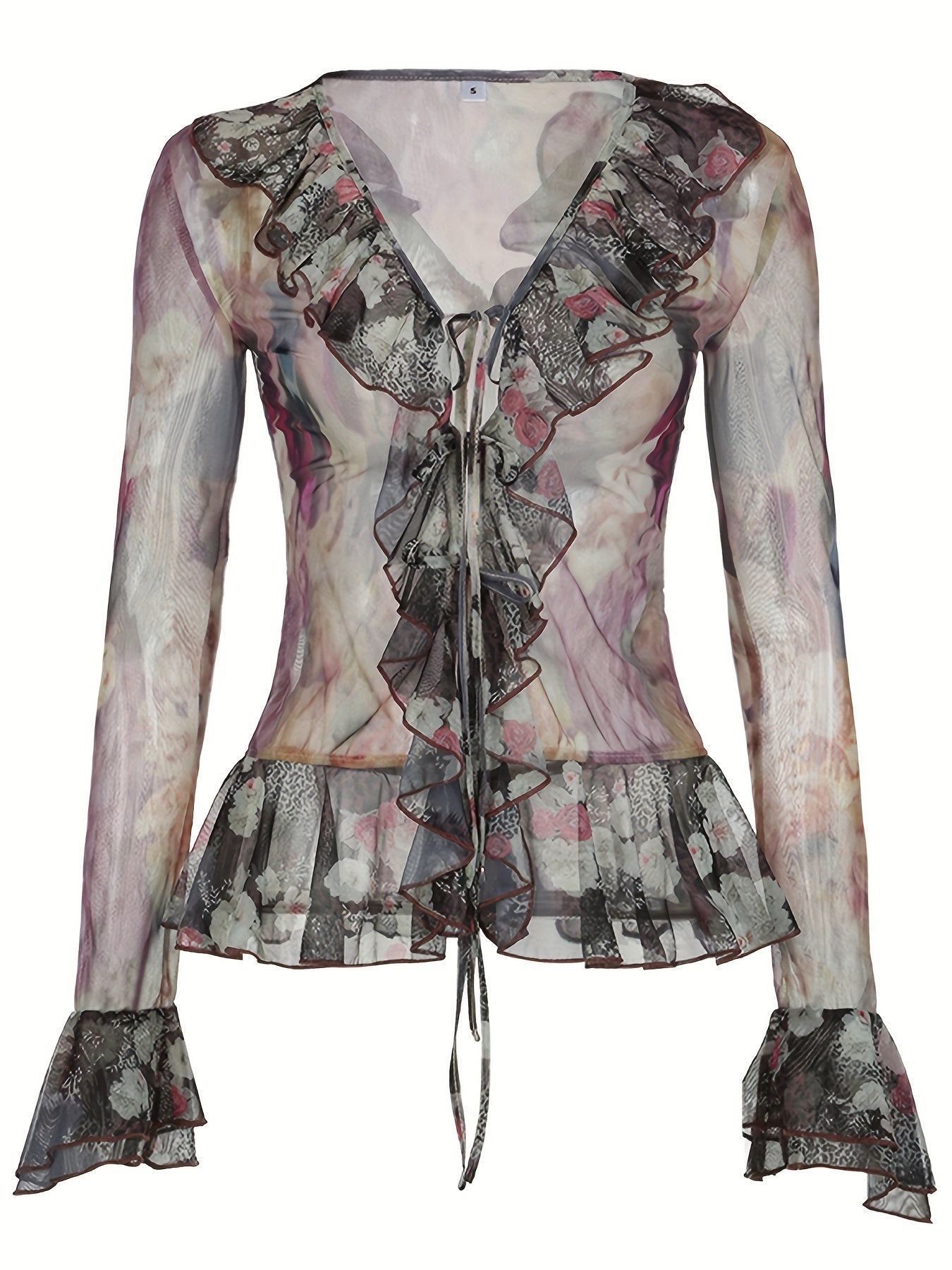 Vintage Printed Mesh T-Shirt with a Fairy-Like Trash Style, Featuring Ruffled Edges, Tie Straps, And Bell Sleeves in a Sheer Design. voguable