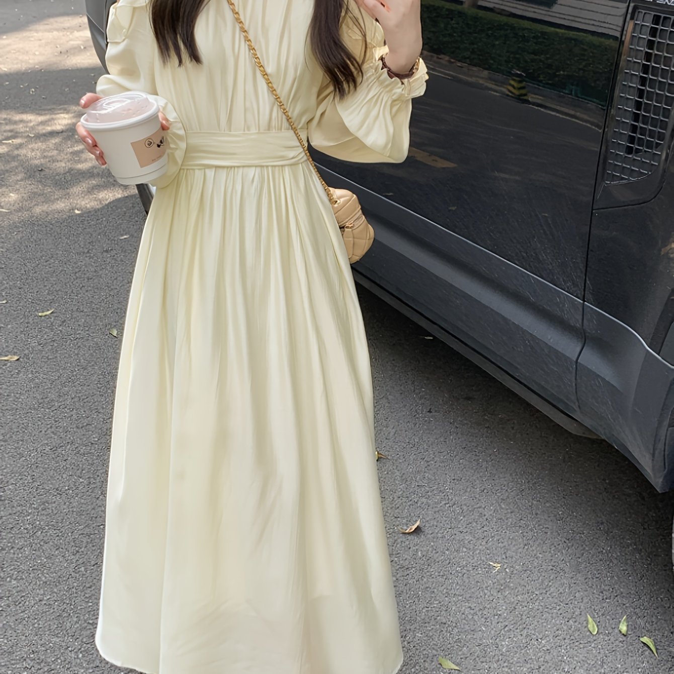 New Style High-end Long-Sleeved Dress with Exposed Shoulders and Waist for Women, Slimming A-line Dress voguable