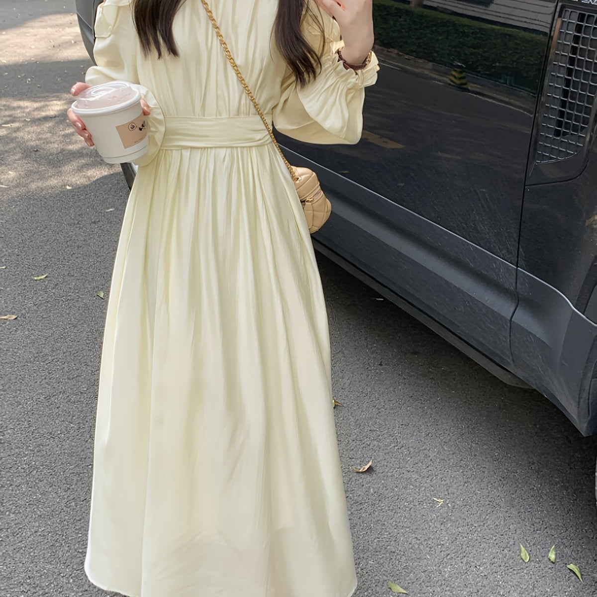 New Style High-end Long-Sleeved Dress with Exposed Shoulders and Waist for Women, Slimming A-line Dress voguable
