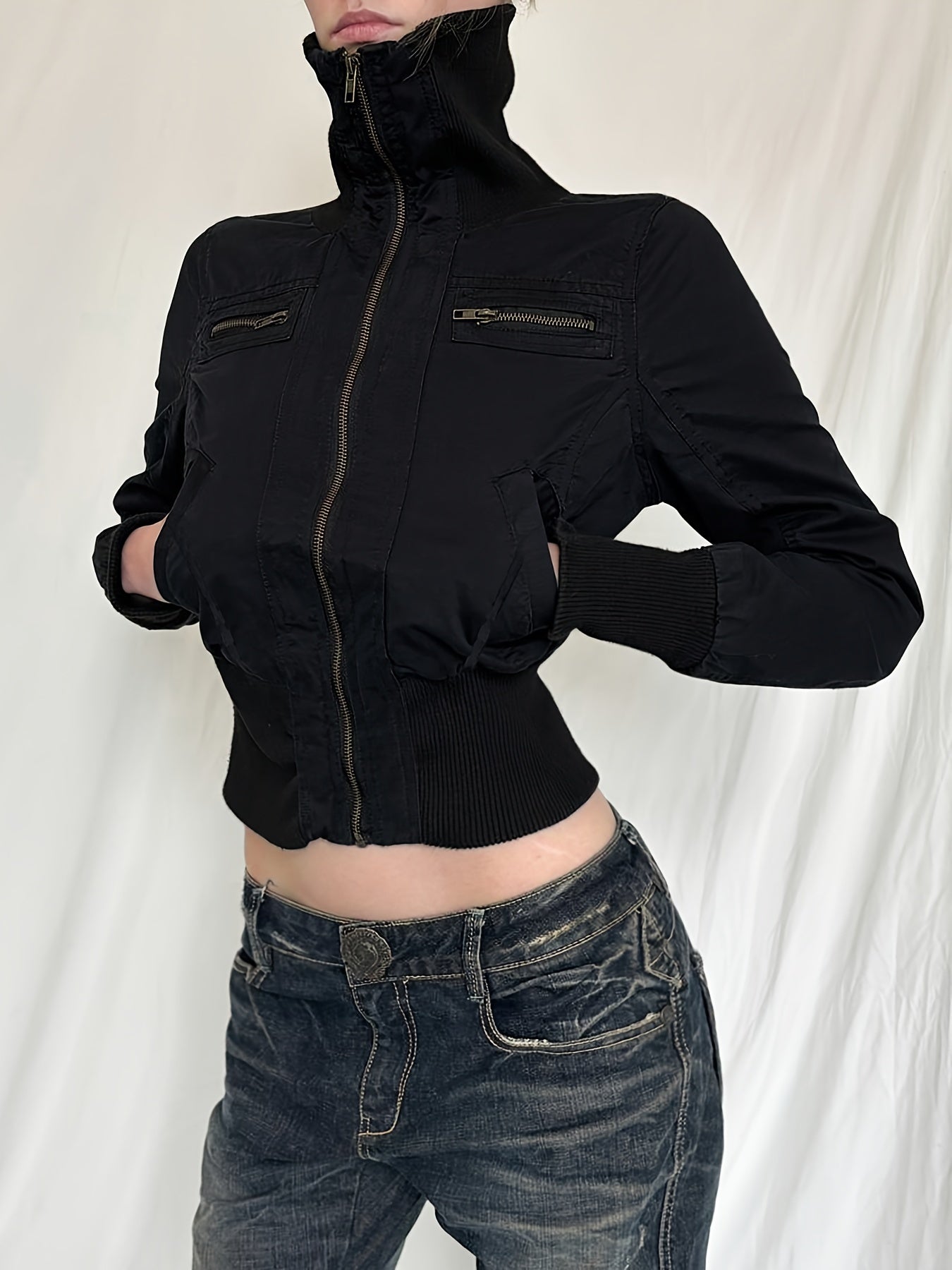 Medium-high Collar Stand Collar Waist-concealing Slimming Zipper Jacquard Jacket voguable