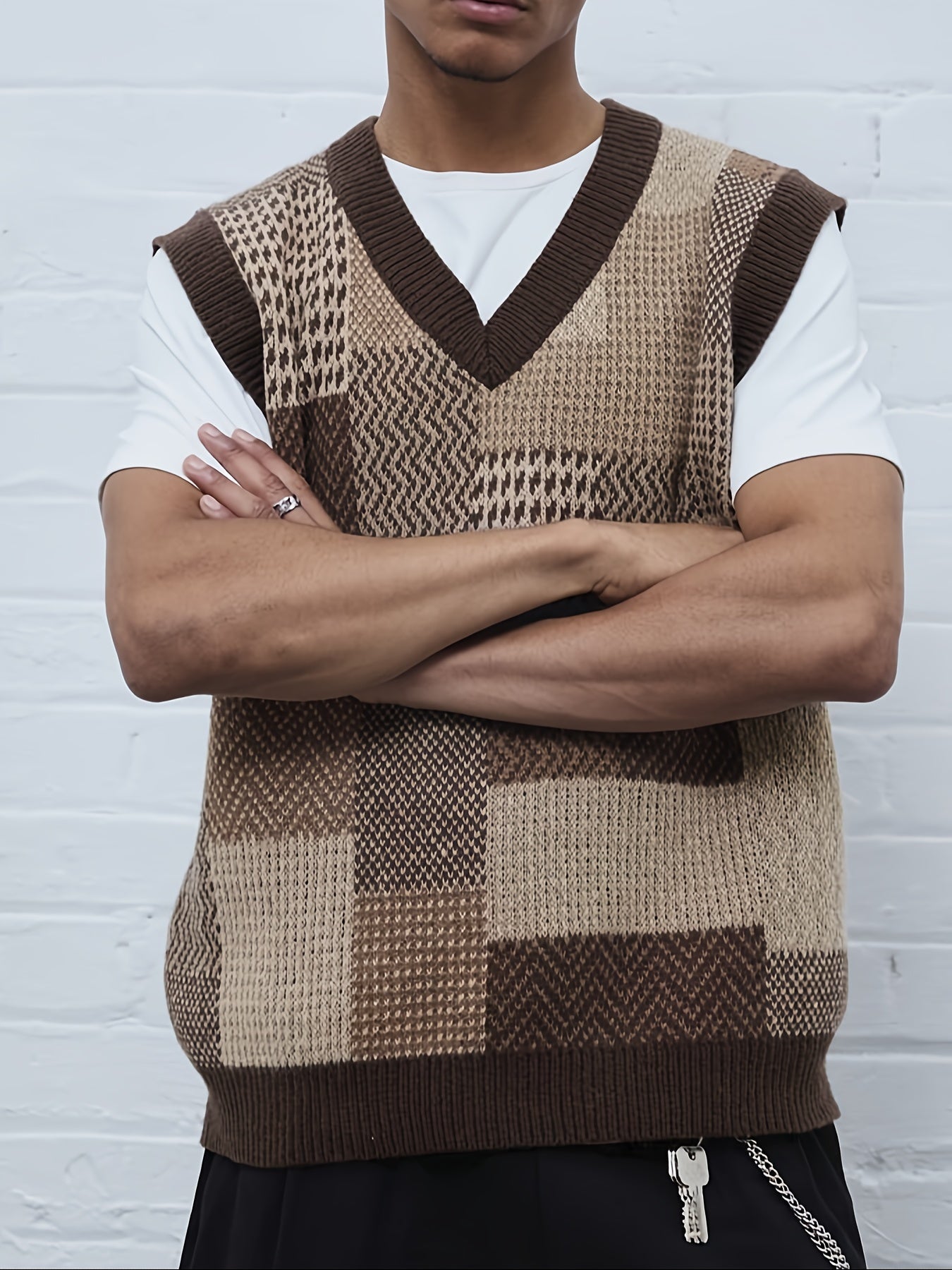 [250g V-Neck Stretch Vest] Men'S Fashion V-Neck Knit Vest, Viscose 100% Sleeveless Tank Top, Geometric Pattern, Casual Streetwear, Stretch Fit, 250g/m², for Spring/Summer/Fall - Party, Weekend, Night Out gotmes-shop