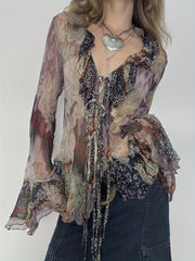 Vintage Printed Mesh T-Shirt with a Fairy-Like Trash Style, Featuring Ruffled Edges, Tie Straps, And Bell Sleeves in a Sheer Design. voguable