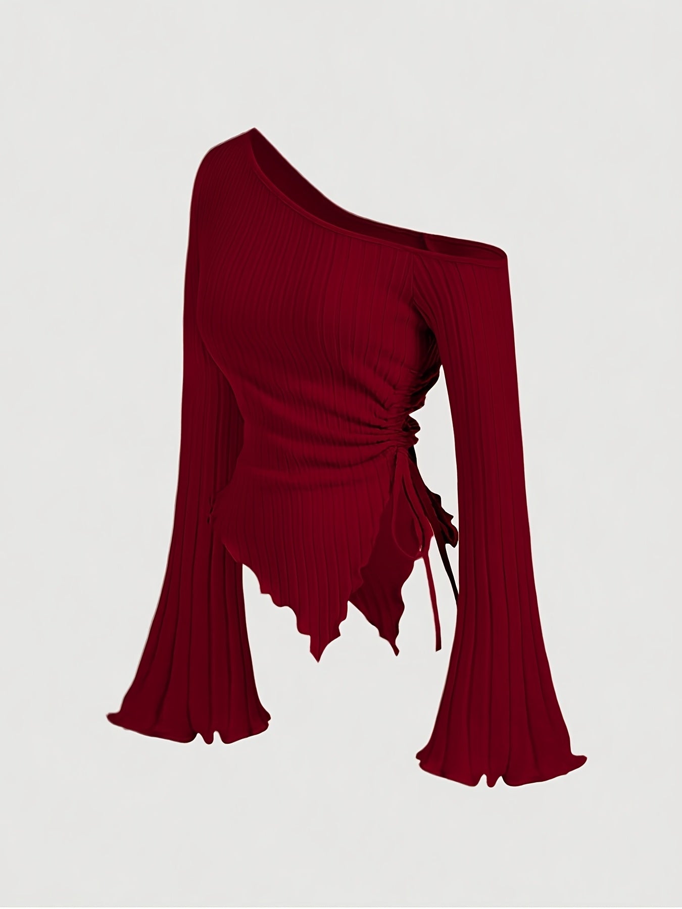 Elegant Asymmetrical Hem Flare Sleeve Off-Shoulder T-Shirt, Polyester Knit Fabric with Elastane, Solid Color, Long Batwing Sleeves, Skinny Fit, Medium Stretch, for All Seasons voguable