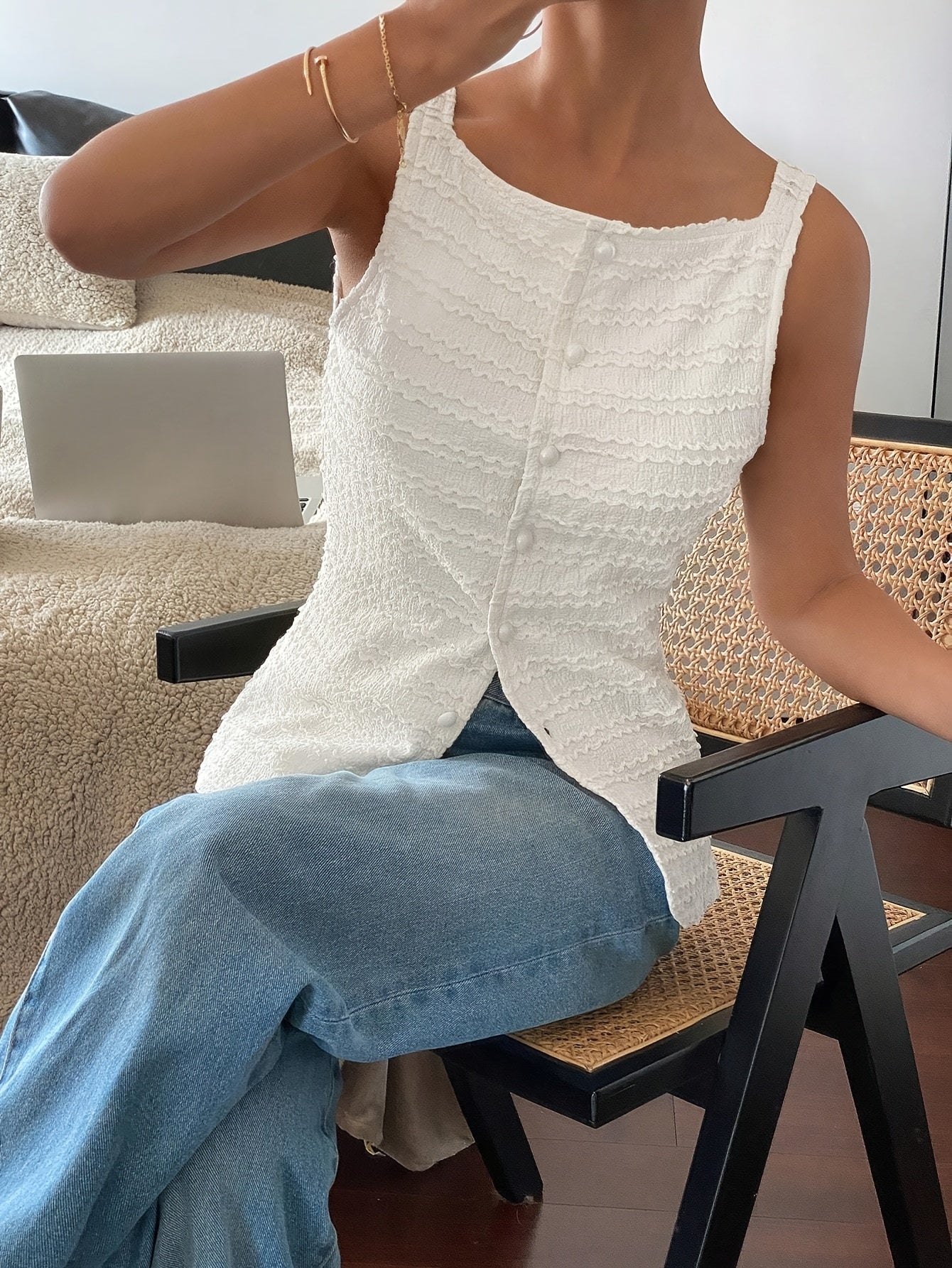 [Sleeveless Textured Cardigan Elegant Shirt] Women's square collar cardigan buttonless sleeveless textured horizontal striped elegant shirt, waist-tightening top, commuting minimalist office old money loose, simple Women's to voguable