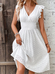 [A-line Shirred Waist Hollow Dress] Shirred Waist Hollow A-line Dress, Vacation V Neck Ruffle Sleeve Dress For Spring & Summer, Women's Clothing Wedding graduation engagement occasion ceremony party holiday vacation birthday voguable