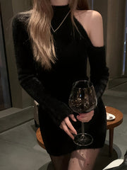 Cold Shoulder Mock Neck Sweater Dress, Chic Solid Color Aline Bodycon Long Sleeve Dress For Spring & Fall, Women's Clothing voguable