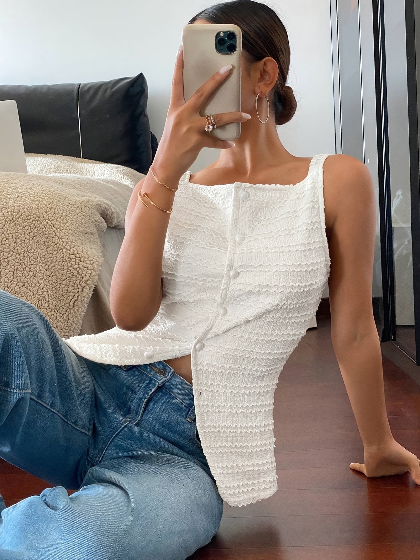 [Sleeveless Textured Cardigan Elegant Shirt] Women's square collar cardigan buttonless sleeveless textured horizontal striped elegant shirt, waist-tightening top, commuting minimalist office old money loose, simple Women's to voguable