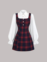 Elegant Women's Plaid Midi Dress with White Lantern Sleeves - Polyester & Spandex Blend, Machine Washable, Perfect for Spring/Summer/Fall Events voguable