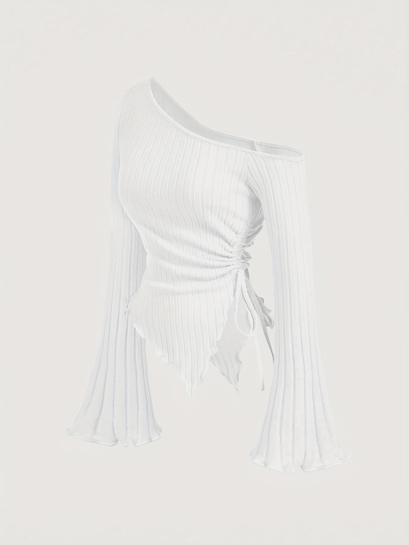 Elegant Asymmetrical Hem Flare Sleeve Off-Shoulder T-Shirt, Polyester Knit Fabric with Elastane, Solid Color, Long Batwing Sleeves, Skinny Fit, Medium Stretch, for All Seasons voguable