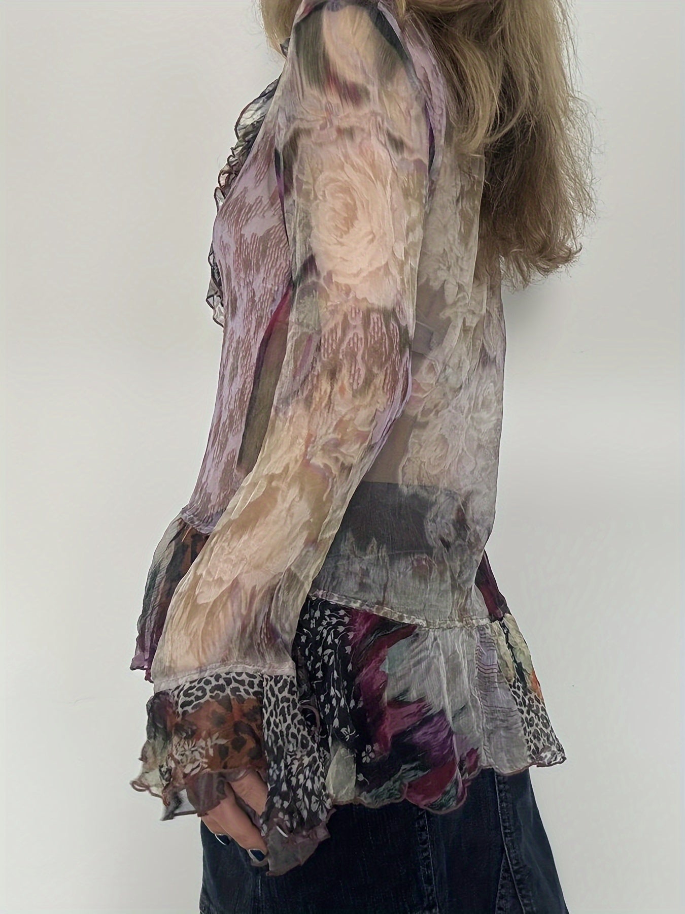 Vintage Printed Mesh T-Shirt with a Fairy-Like Trash Style, Featuring Ruffled Edges, Tie Straps, And Bell Sleeves in a Sheer Design. voguable