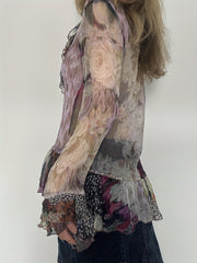 Vintage Printed Mesh T-Shirt with a Fairy-Like Trash Style, Featuring Ruffled Edges, Tie Straps, And Bell Sleeves in a Sheer Design. voguable