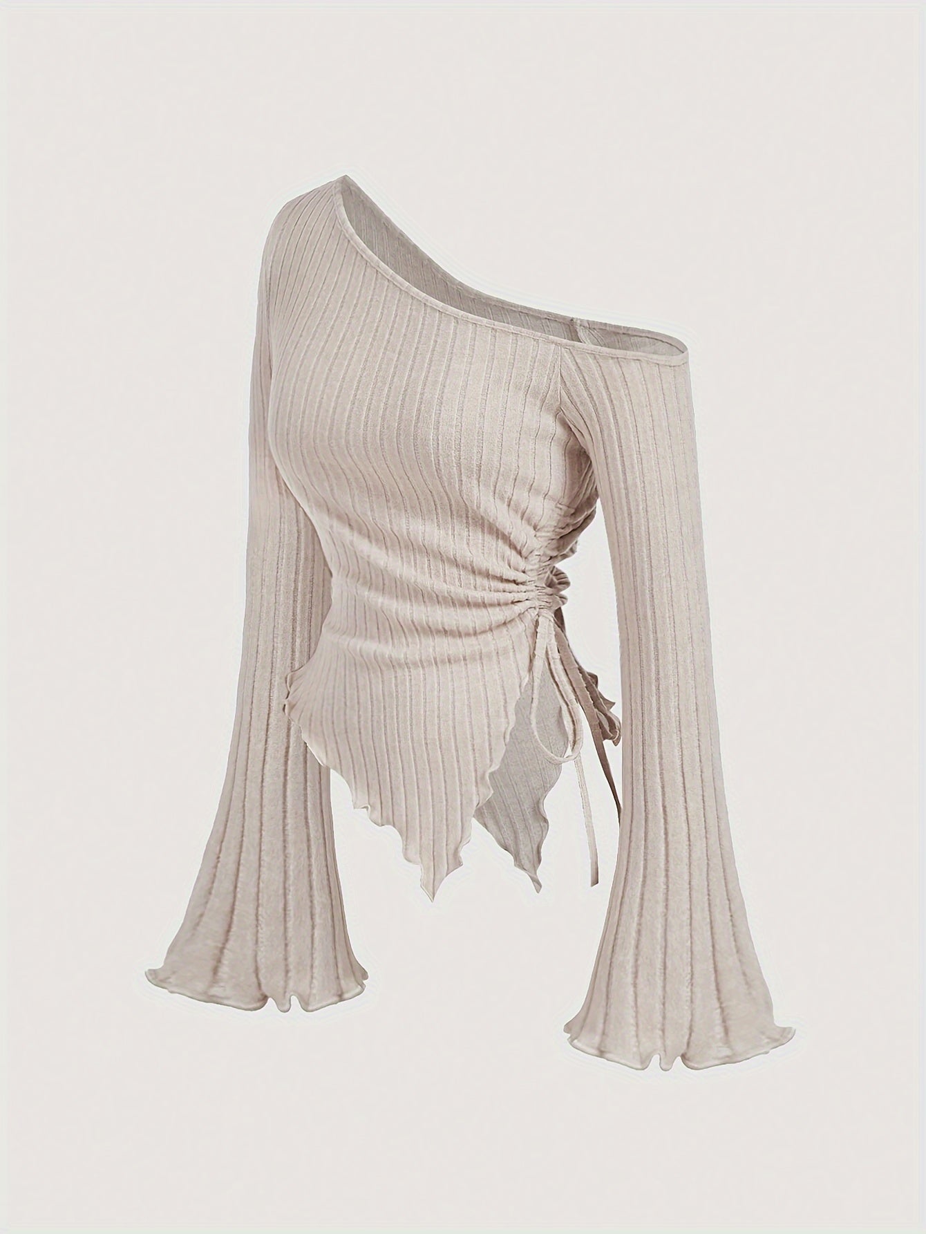 Elegant Asymmetrical Hem Flare Sleeve Off-Shoulder T-Shirt, Polyester Knit Fabric with Elastane, Solid Color, Long Batwing Sleeves, Skinny Fit, Medium Stretch, for All Seasons voguable