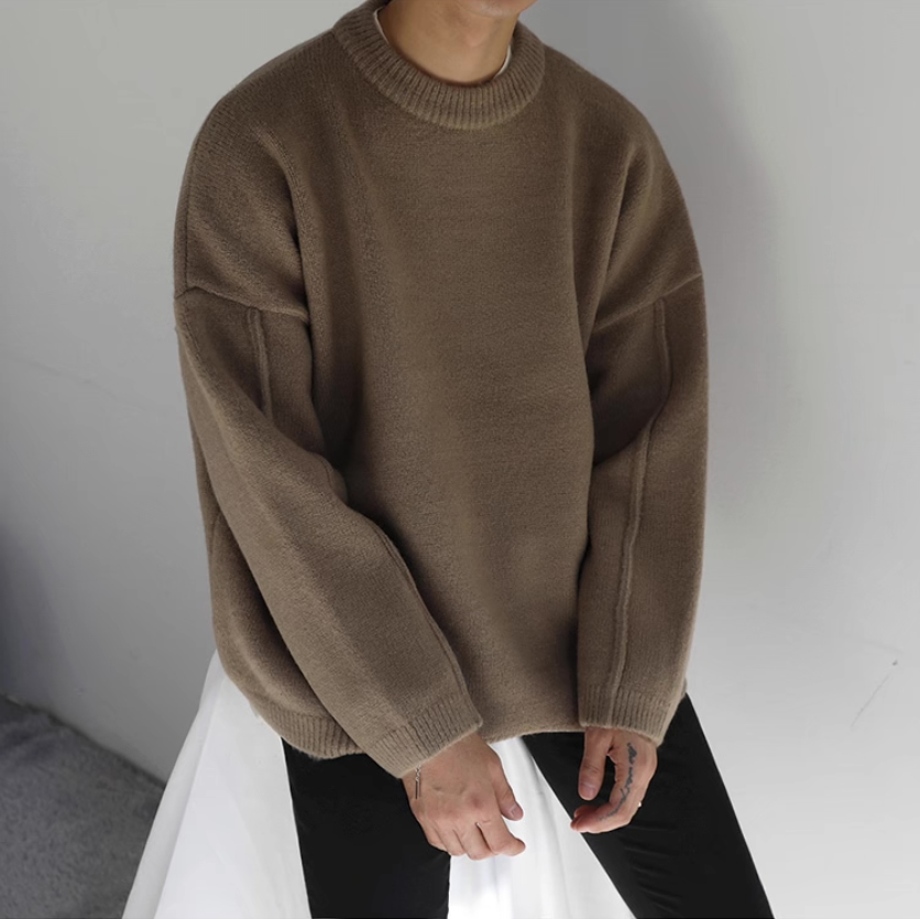 Voguable /men's wear sweater autumn and winter loose all-match Korean style vintage oversize kintted sweater round collar pullover voguable