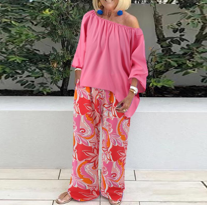 Voguable Celmia Pants Sets Fashion One Shoulder 3/4 Sleeve Tops Floral ...