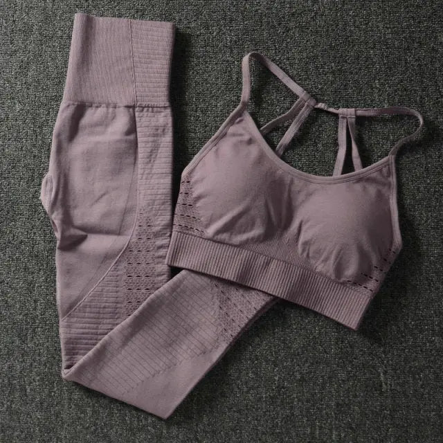 24 Color 2pc/Set Sports Suits Seamless Yoga Set Women Fitness Clothing Sportswear Gym Leggings Padded Push-up Strappy Sports Bra voguable