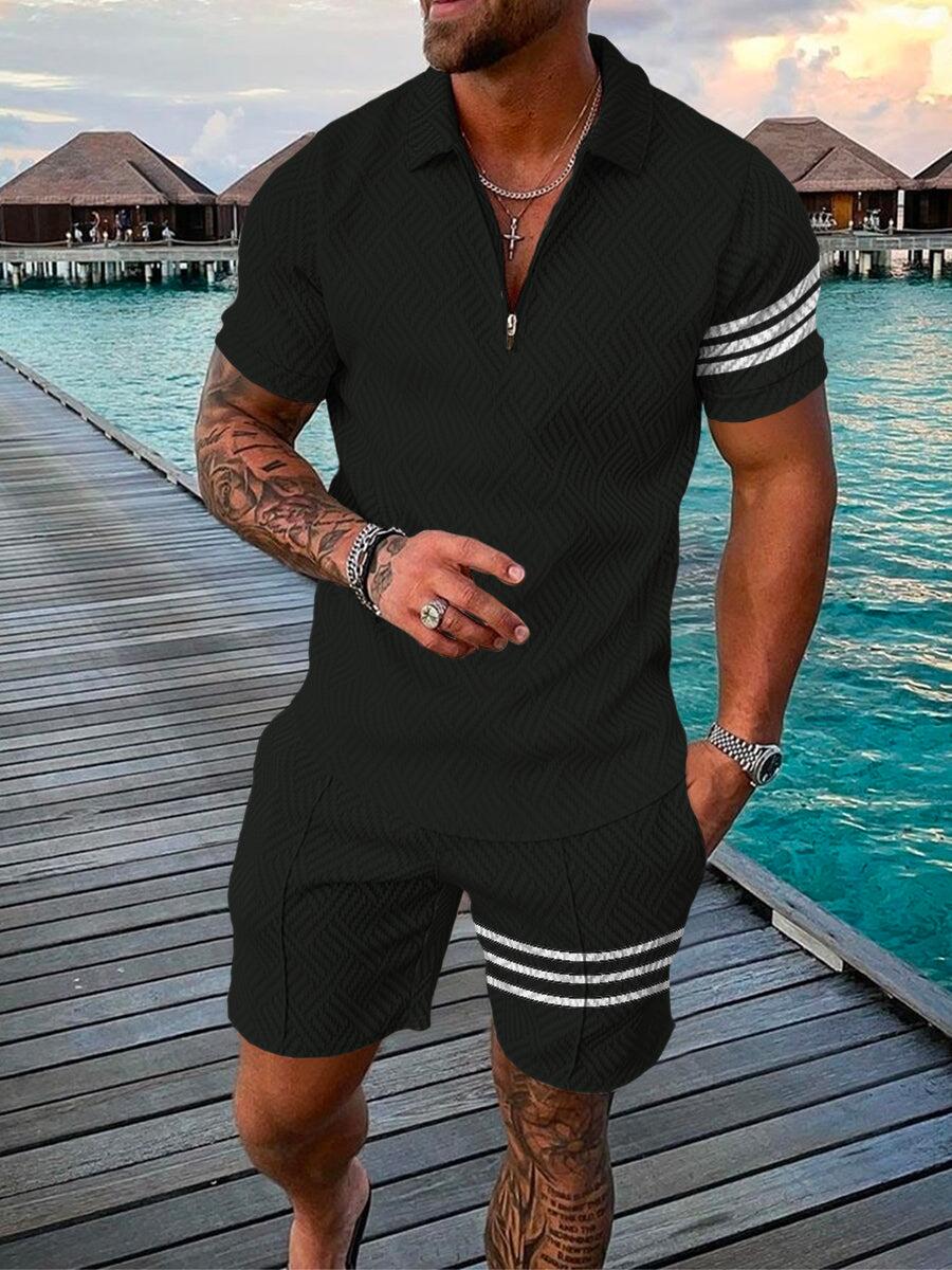 2022 new summer men's fashion zipper polo shirt + shorts suits casual street outdoor seaside men's suits high quality plus size voguable