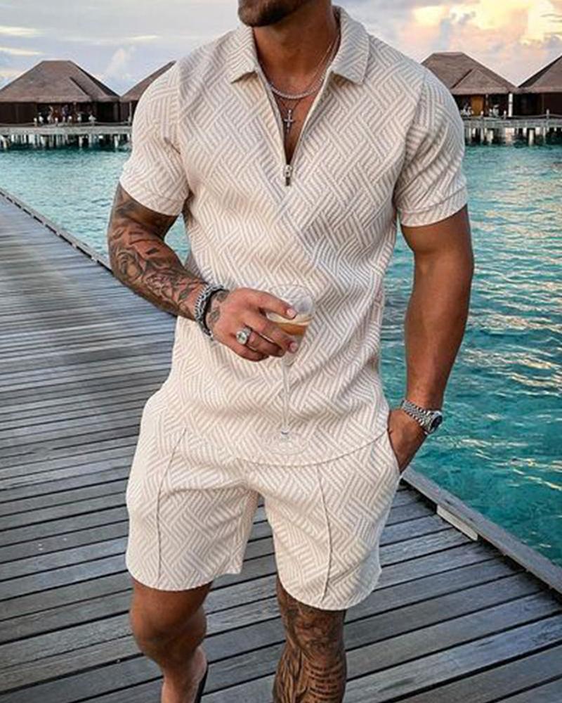 Voguable Fashion T-Shirt Solid Color Suit Sports Beach Casual Men Solid Color Luxury Zip Polo Shirt and Shorts High Quality Men's Suit voguable