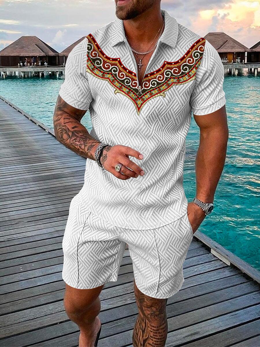 2022 new summer men's fashion zipper polo shirt + shorts suits casual street outdoor seaside men's suits high quality plus size voguable