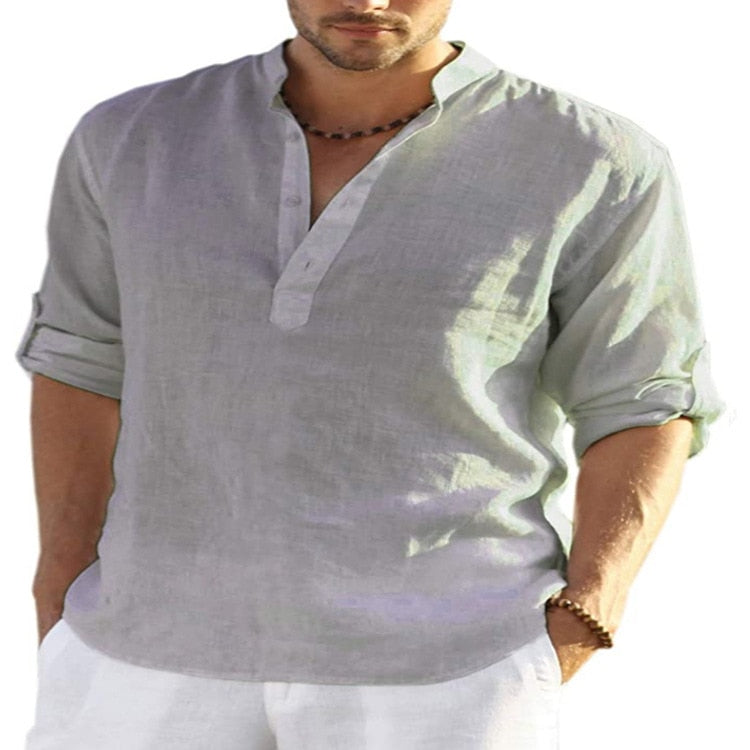 Voguable  New Men's Casual Blouse Cotton Linen Shirt Loose Tops Short Sleeve Tee Shirt Spring Autumn Summer Casual Handsome Men Shirt voguable