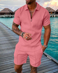 Voguable Men's Solid Color Zip-Up Polo Shirt and Shorts Set Casual Short Sleeve Zip-Up Polo Shirt and Shorts Men's Casual Solid Color voguable