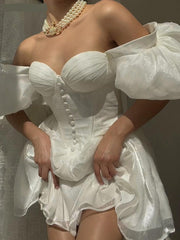 Mesh Corset Mini A Line Dresses Skims White Off Shoulder Summer Sexy Folds Puff Sleeve Women Elegant Evening Vestidos voguable