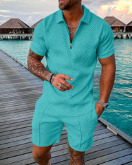 Voguable Men's Solid Color Zip-Up Polo Shirt and Shorts Set Casual Short Sleeve Zip-Up Polo Shirt and Shorts Men's Casual Solid Color voguable