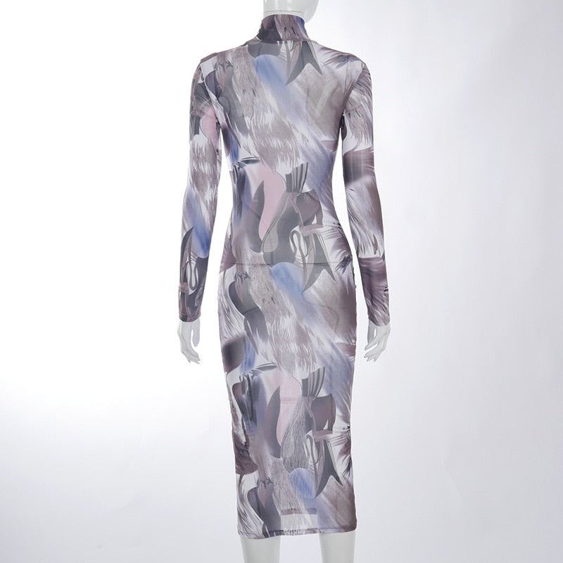 Voguable  2022 Long Sleeve Turtleneck Y2K Print Mesh Skinny Maxi Dress Spring Summer Women Fashion Streetwear Casual Clothing voguable