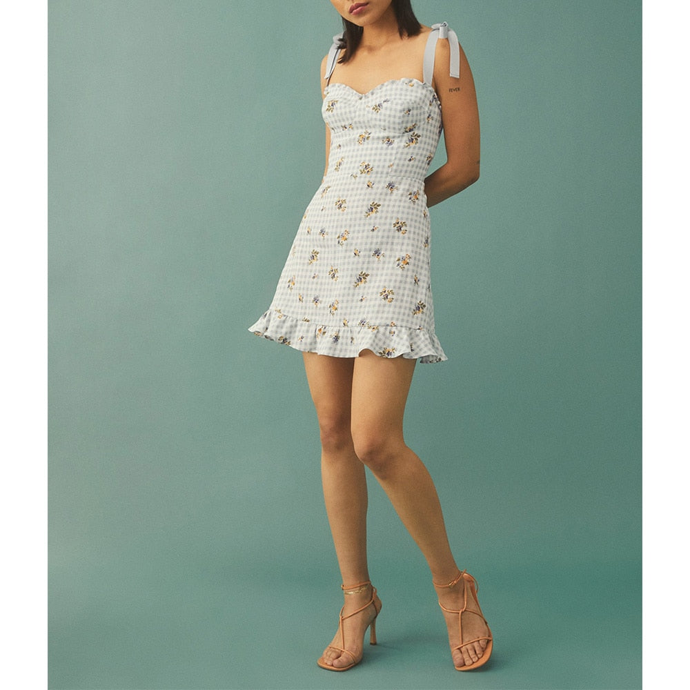 Casual Dresses For Women Elegant Sweetheart Neck Sleeveless Tie Strap Summer Dress Floral Print Plaid Ruffle Hem Mini Dress voguable
