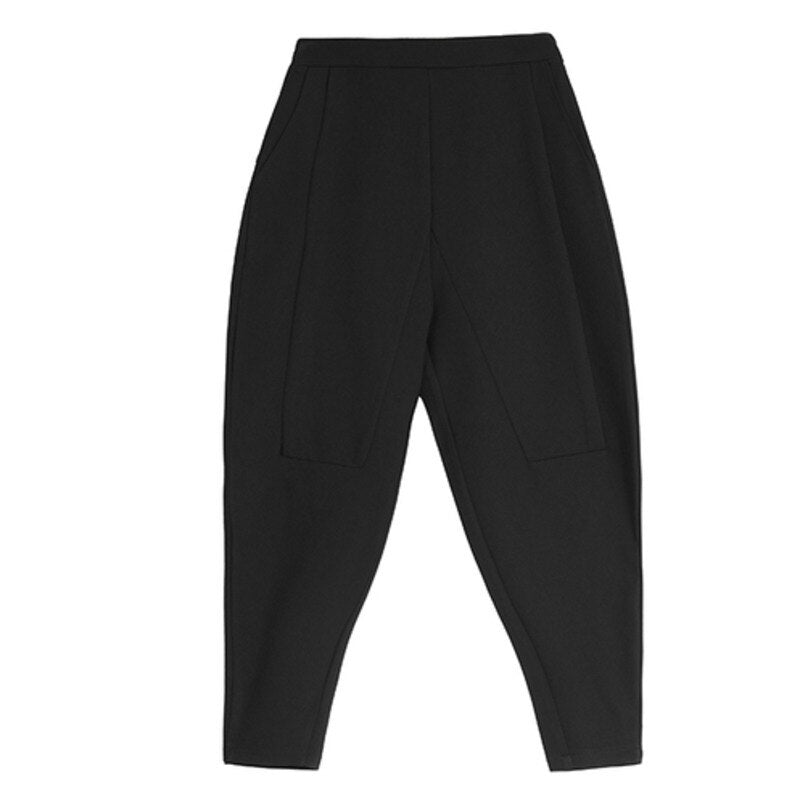 New Spring Autumn High Elastic Waist Black Loose Patchwork Split Joint Brief Pants Women Trousers Fashion Tide voguable